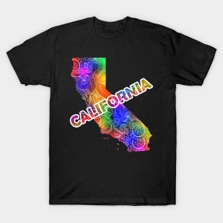 Colorful mandala art map of California with text in multicolor pattern T-Shirt